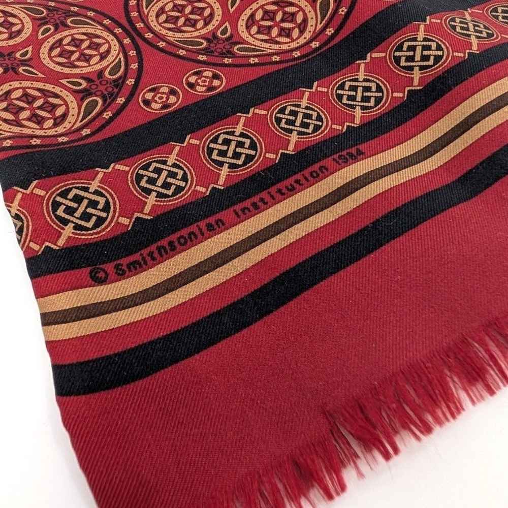 Smithsonian‎ 1984 Vintage Medallion Scarf Burgundy Red Geometric - Distressed